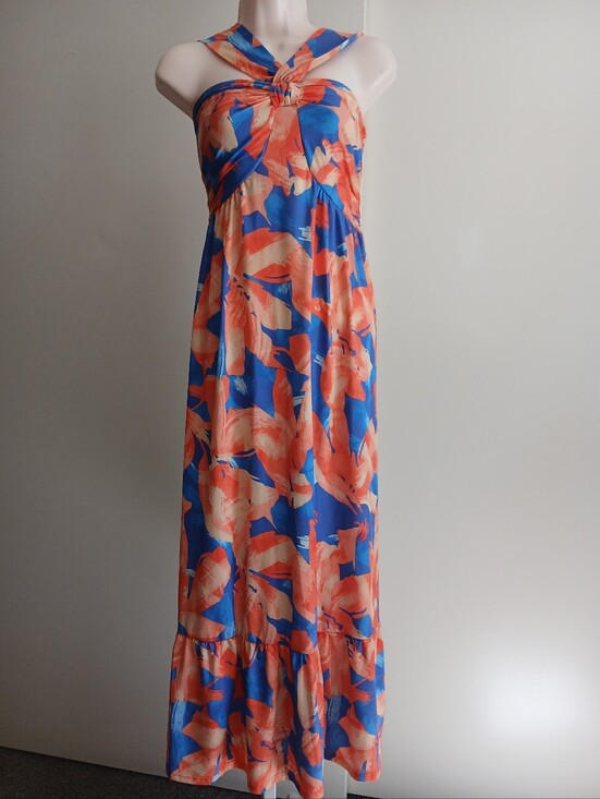 Grace Karin Dresses & Skirts - GRACE KARIN Criss Cross Halter Floral Maxi Dress Orange Blue Size L with Pockets